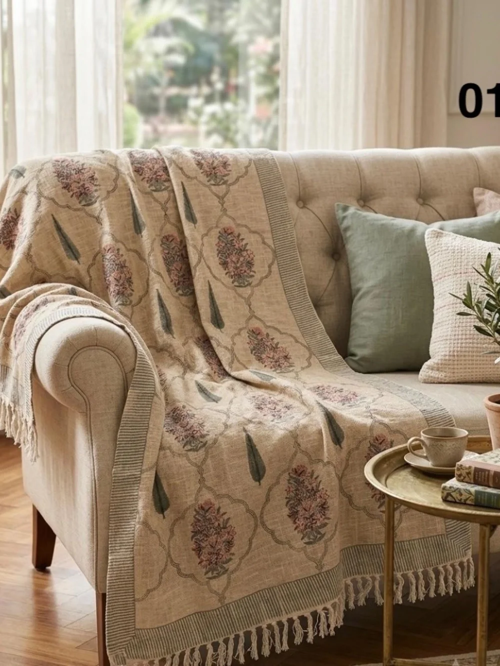 Hand Block Printed Jute Sofa Throw, Boho Indian Home Decor Blanket